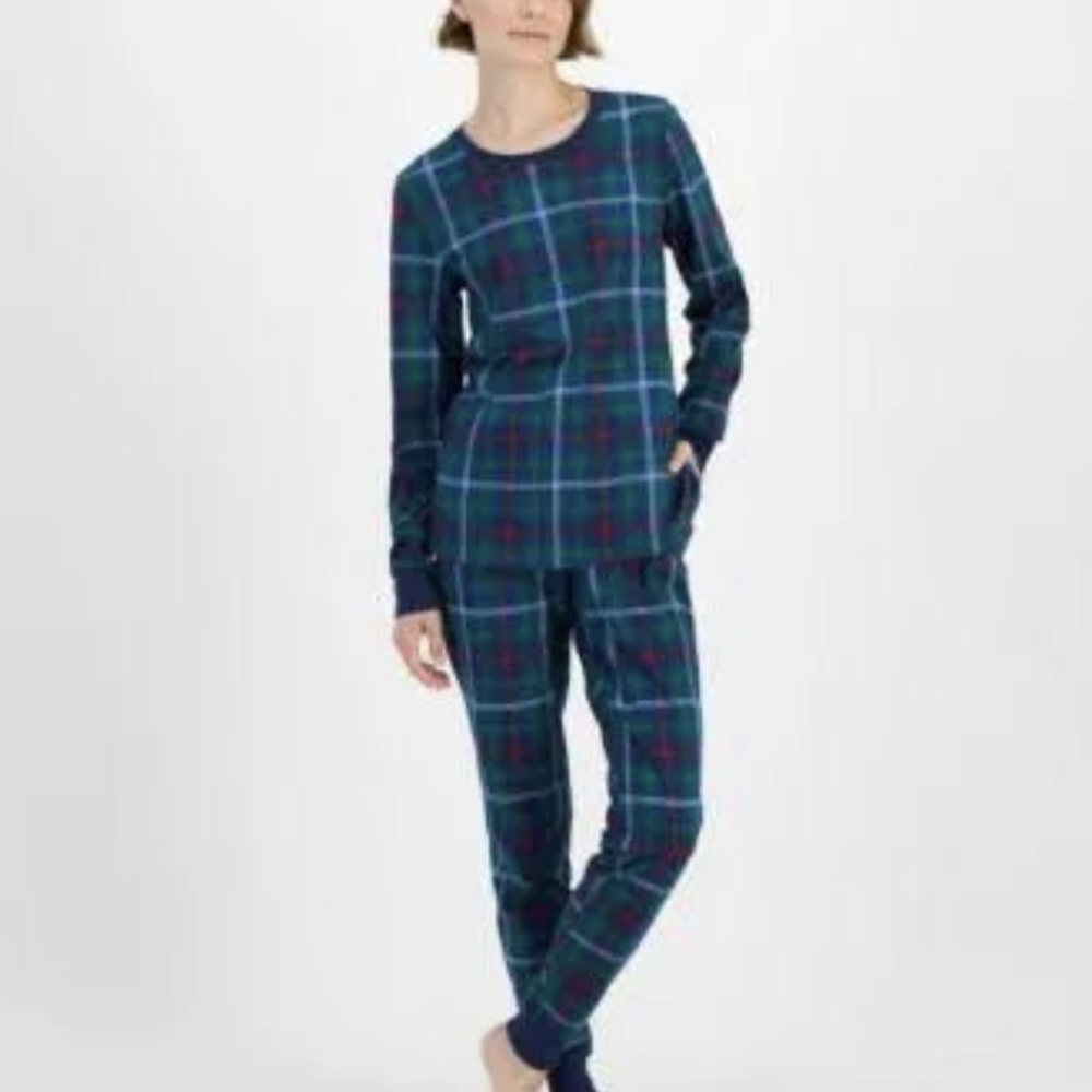 Macys Pajamas Tartan Plaid Print Blue and Green S NWT